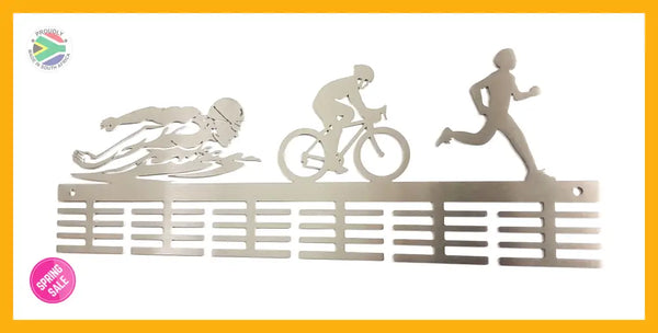 Man Swim Bike Run Triathlon 48 Tier Medal Hanger Stainless Steel Brush Finish Sports Medal Hangers