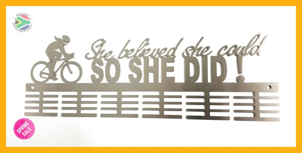 Cycling She Believed She Could 48 Tier Medal Hanger Stainless Steel Brush Finish Sports Medal