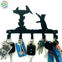 Cat & Birds Bath 5 Hook Key 6 Hook Ferro Grain Black Home Décor